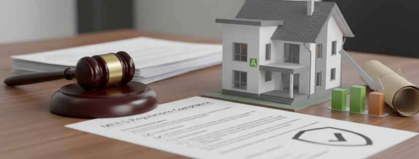 MEES regulations compliance - gavel and model house representing landlord legal requirements