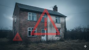 Rental property below EPC E warning - non-compliant house with red warning indicators
