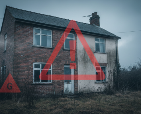 Rental property below EPC E warning - non-compliant house with red warning indicators