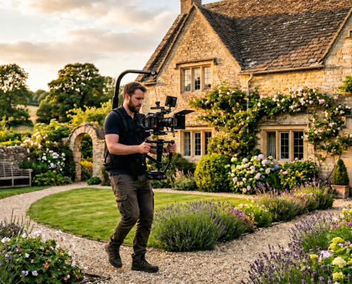 Videographer filming a beautiful Cotswold stone house exterior at golden hour