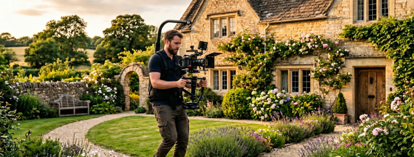 Videographer filming a beautiful Cotswold stone house exterior at golden hour