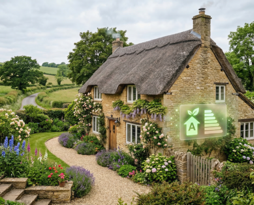 Traditional Cotswold stone cottage with energy performance rating overlay - EPC reform delay 2027