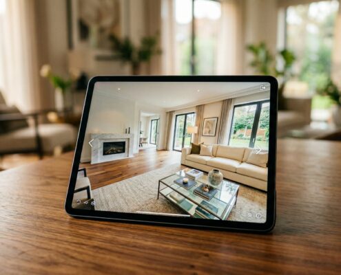 Tablet displaying a 3D virtual tour of a property living room, representing virtual tour technology for estate agents