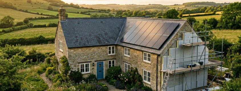 Cotswold stone cottage with solar panels and external wall insulation being fitted, representing EPC energy efficiency upgrades for Oxfordshire landlords