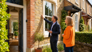 Energy assessor reviewing an Oxfordshire rental property's exterior with a landlord