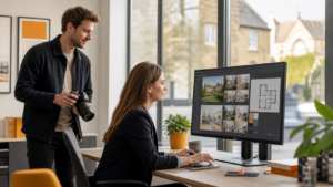 Estate agent reviewing a professionally marketed residential property listing