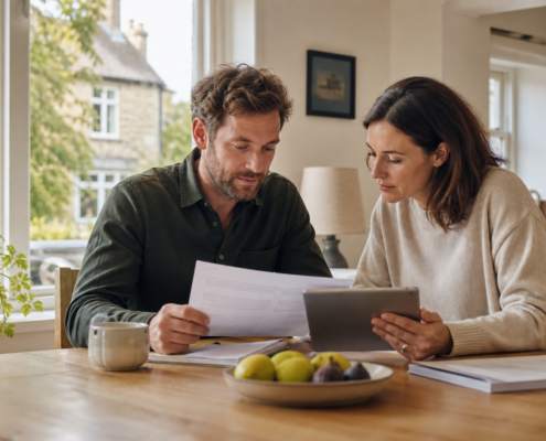 Oxfordshire landlord and tenant reviewing an EPC before autumn energy upgrades