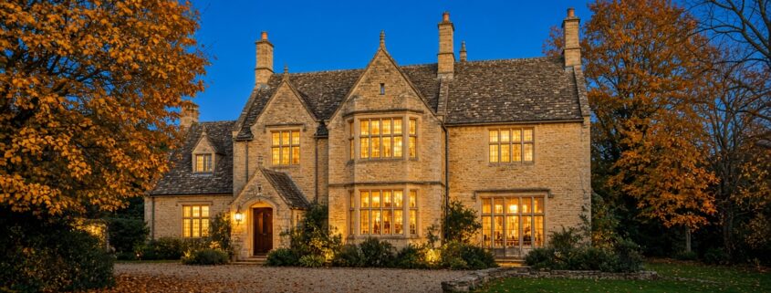 Cotswold stone house at twilight with autumn trees